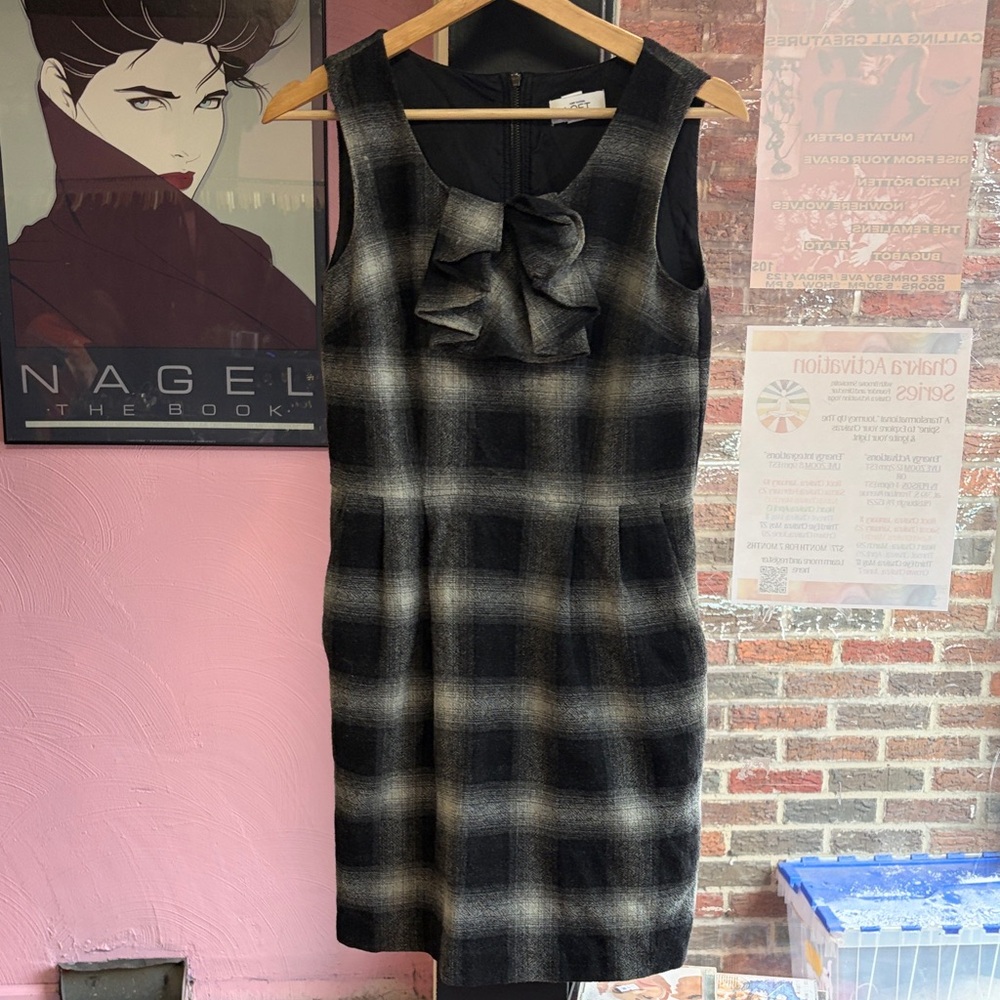 LOFT Black and Gray Plaid Mini Dress with Bow